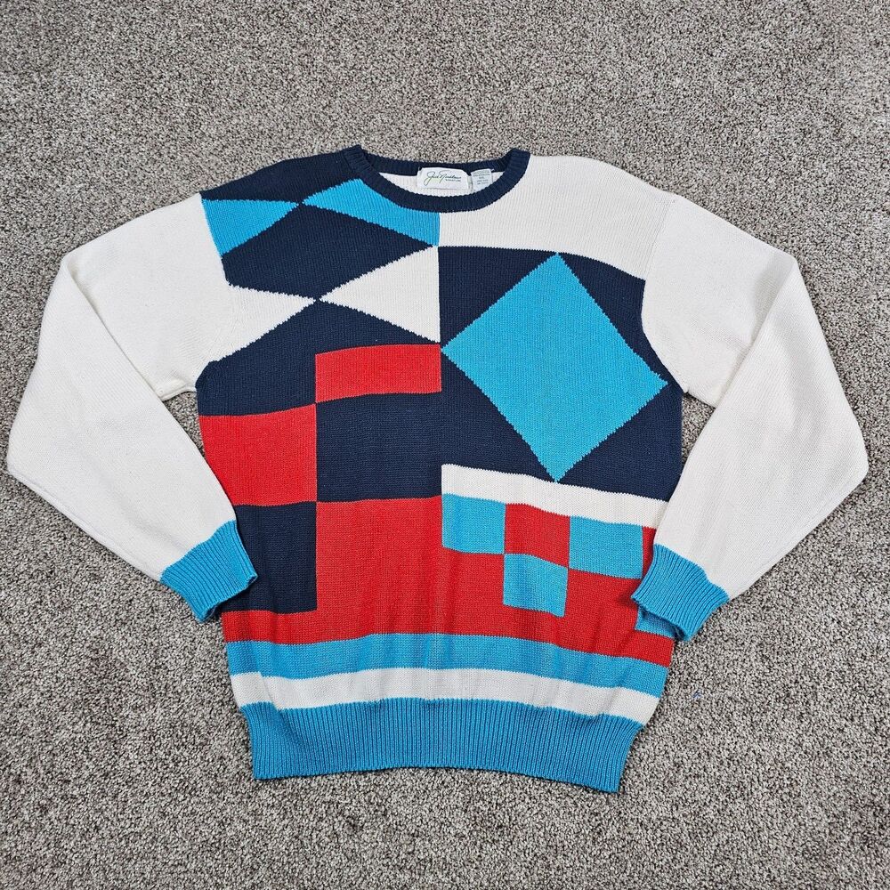 Vintage Jack Nicklaus Sweater Mens Large White Color Block Geometric Pullover